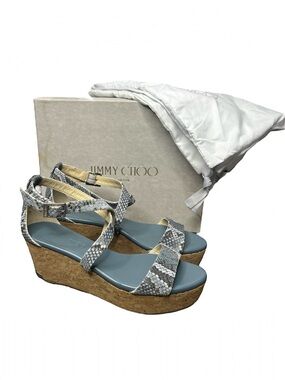 Jimmy Choo Portia Snake Embossed Cork Wedge Sandals Platform Designer Size 37.5